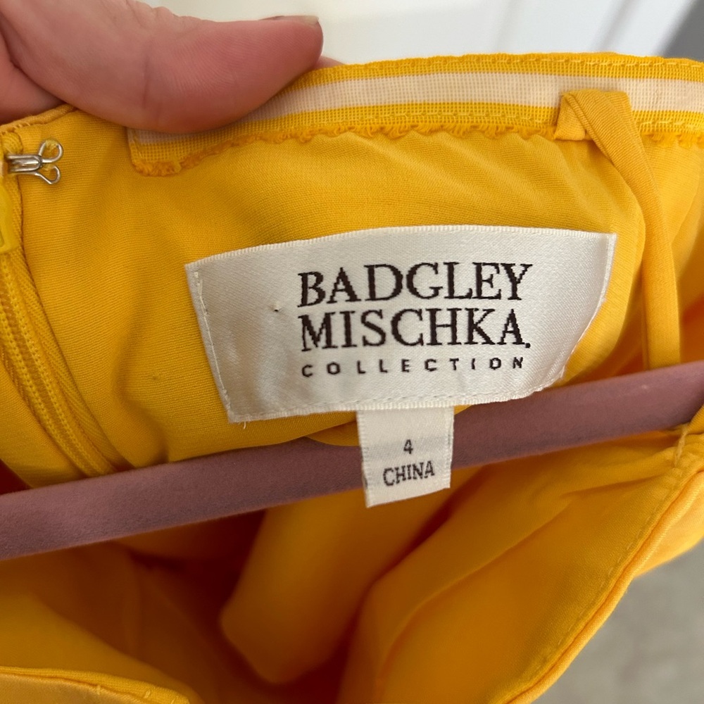 Badgley Mischka Canary Yellow Strapless Sheath Cocktail Wedding Guest Midi Dress - Picture 4 of 5